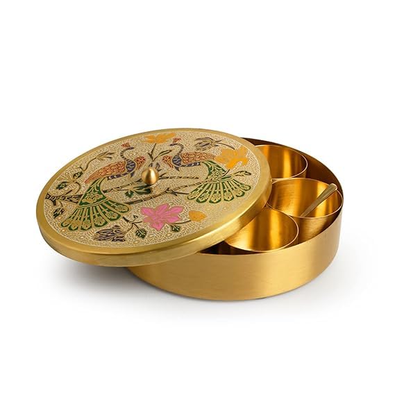 Anand Crafts Peacock Hand-Etched Brass Masala Box