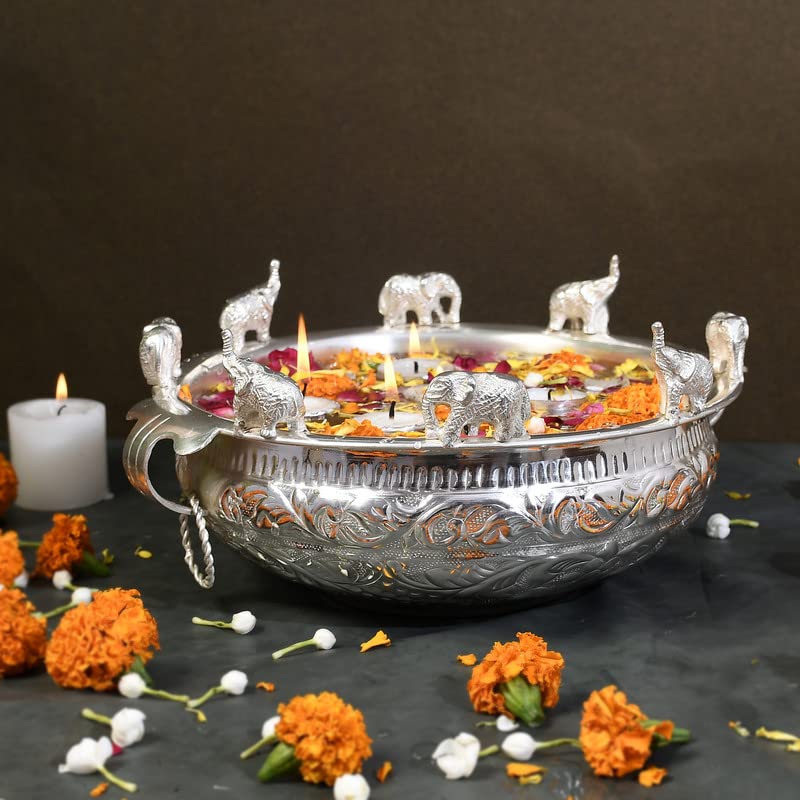 Anand Crafts Pure Brass Silver Plated Urli With Handle